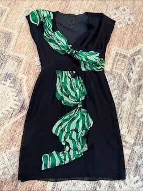 Black Dress with Green Ribbon Print